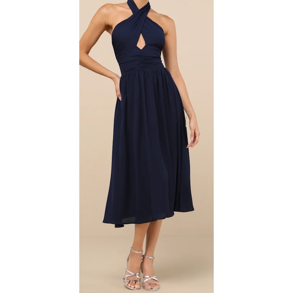 NWOT Lulus Size Small Emrah Navy Blue Cross-Front Cutout Halter Midi Dress